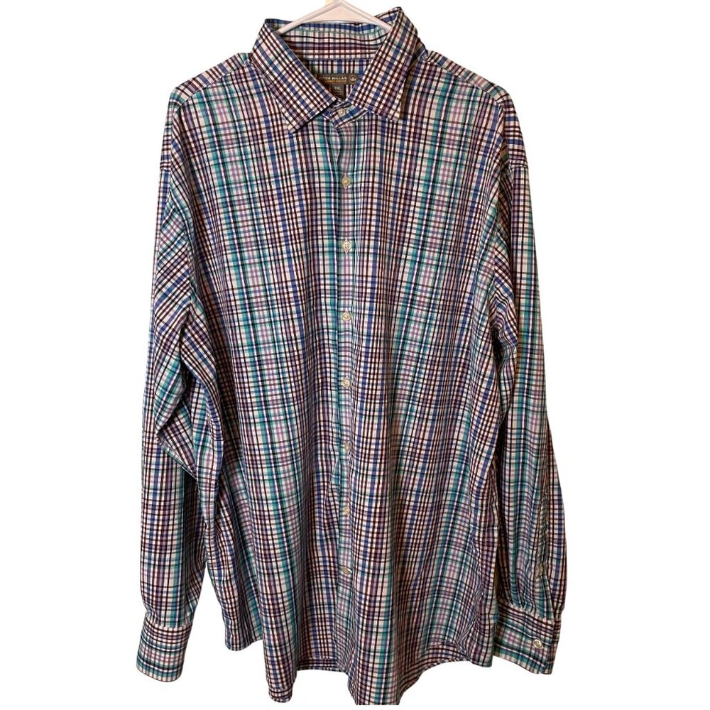 Peter Millar Men's Summer Comfort Button Up Shirt XXL Blue Purple Plaid Preppy - Picture 1 of 12